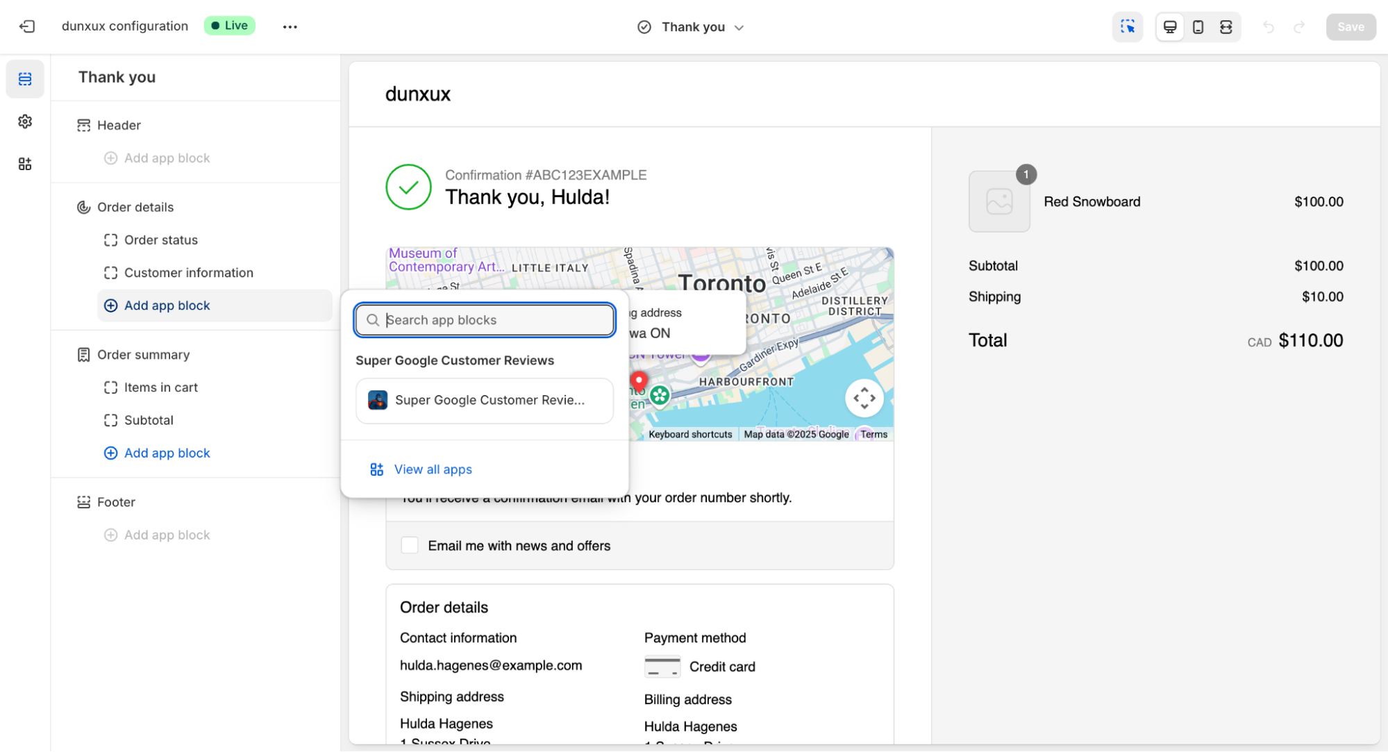 Shopify checkout configuration page showing the Thank You page customization with Super Google Customer Reviews extension being added